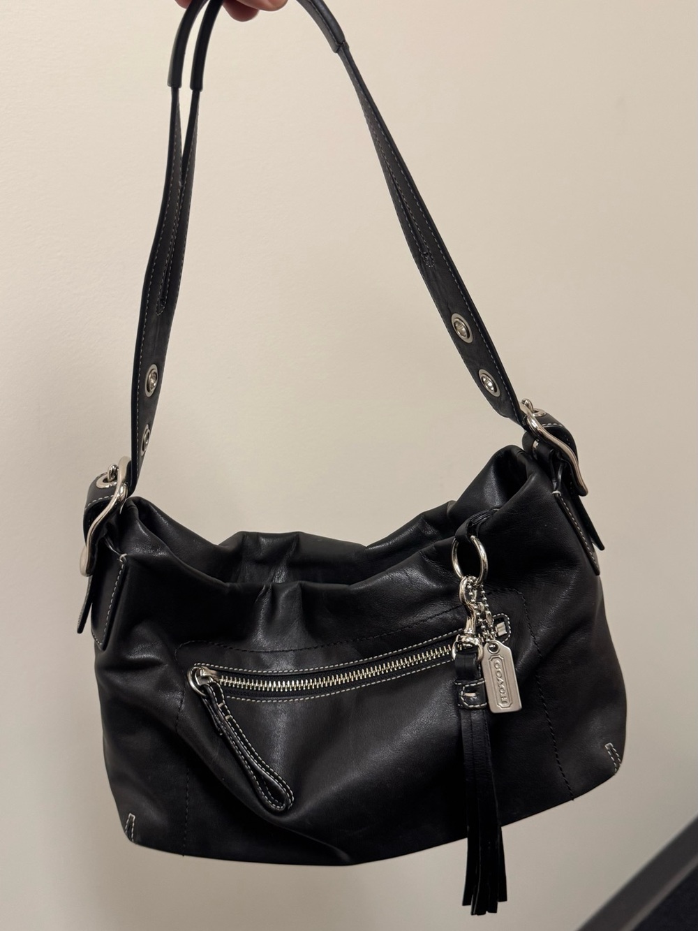 Vintage Coach Black Leather Shoulder Bag with Tassel Charm